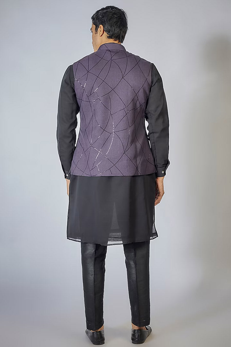 Black Kurta Set With Wine Zipper Embroidered Jacket