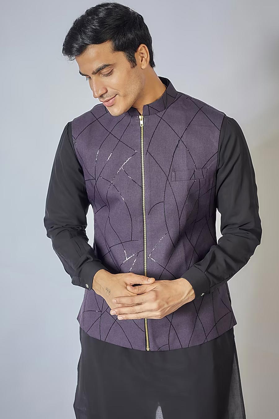 Black Kurta Set With Wine Zipper Embroidered Jacket