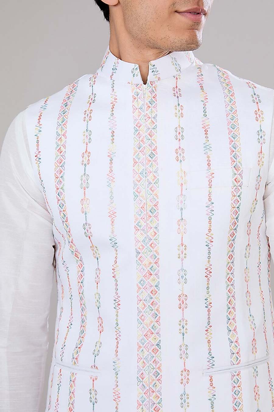 Off-White Kurta Set With Embroidered Jacket