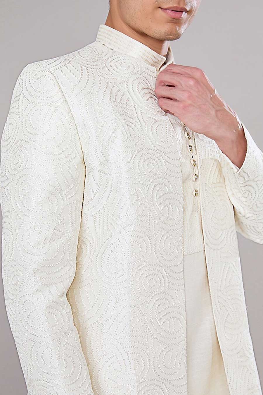 Off-White Short Kurta Set With Embroidered Jacket