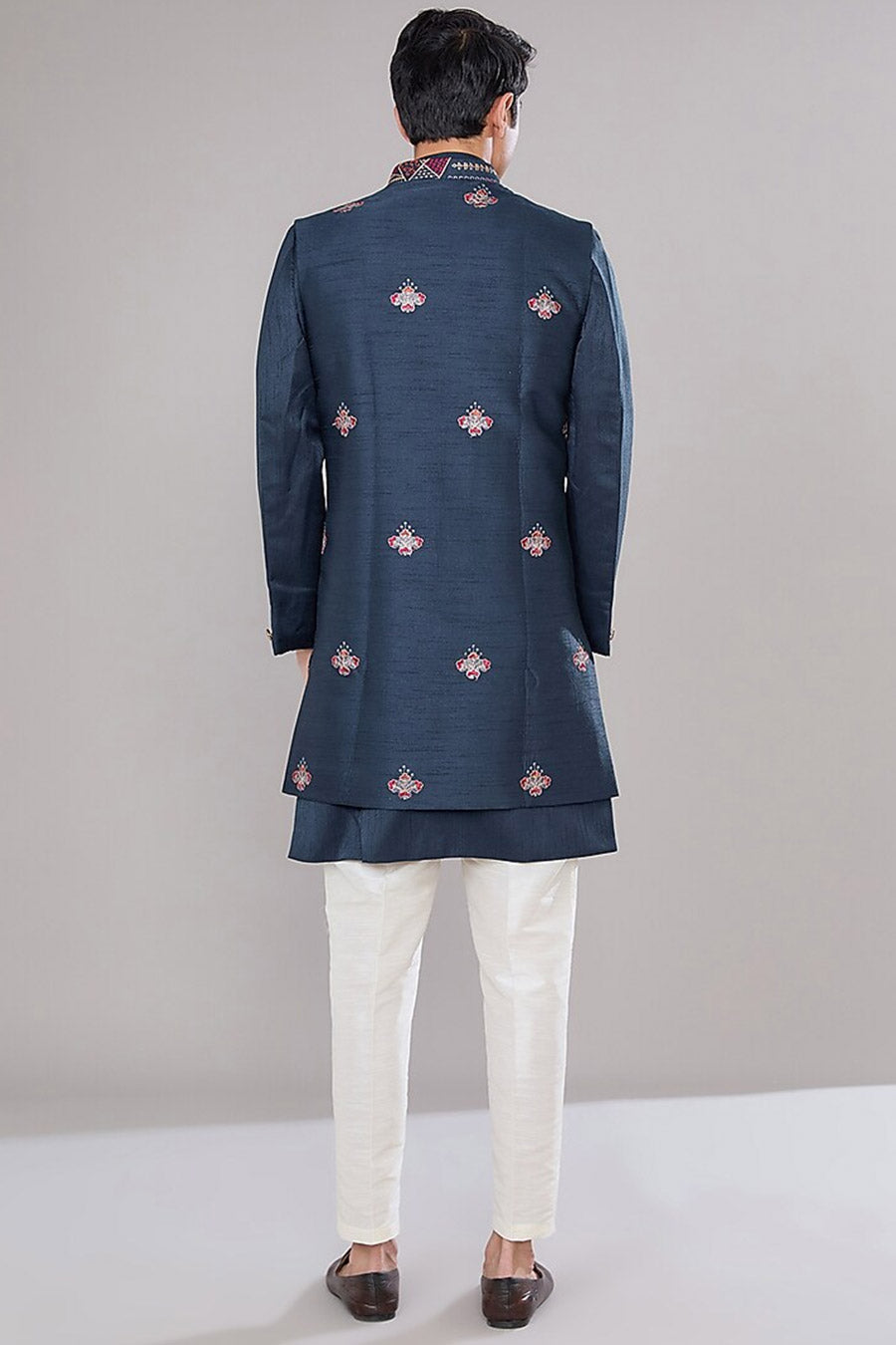 Royal Blue Kurta Set With Embroidered Long Jacket