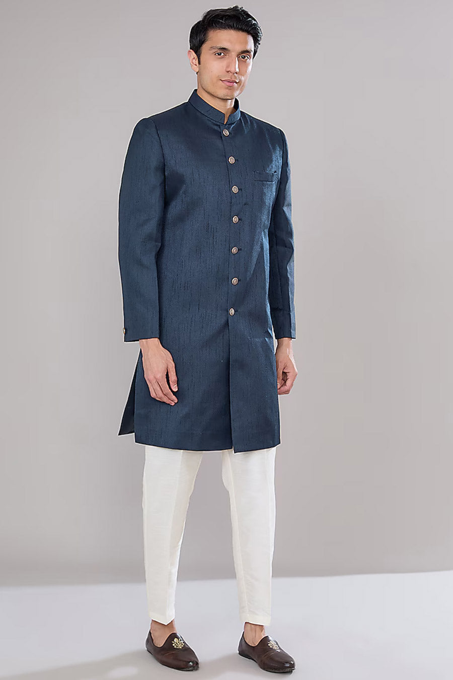 Royal Blue Kurta Set With Embroidered Long Jacket