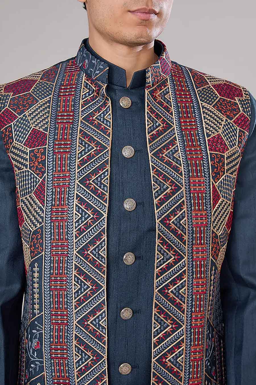 Royal Blue Kurta Set With Embroidered Long Jacket