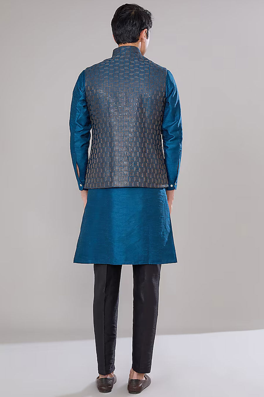 Royal Blue Kurta Set With Embroidered Jacket