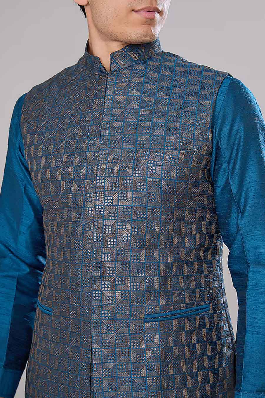 Royal Blue Kurta Set With Embroidered Jacket
