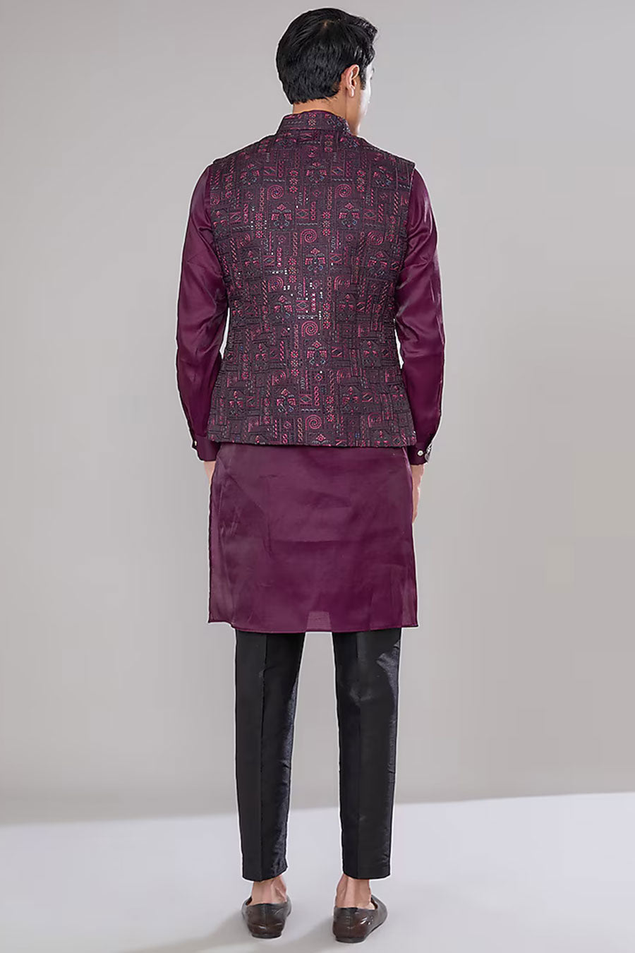 Wine Kurta Set With Embroidered Jacket