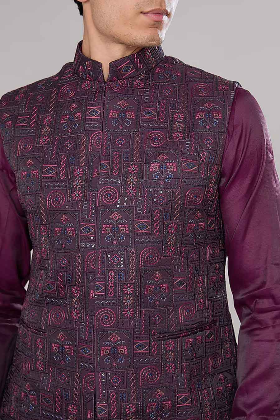 Wine Kurta Set With Embroidered Jacket