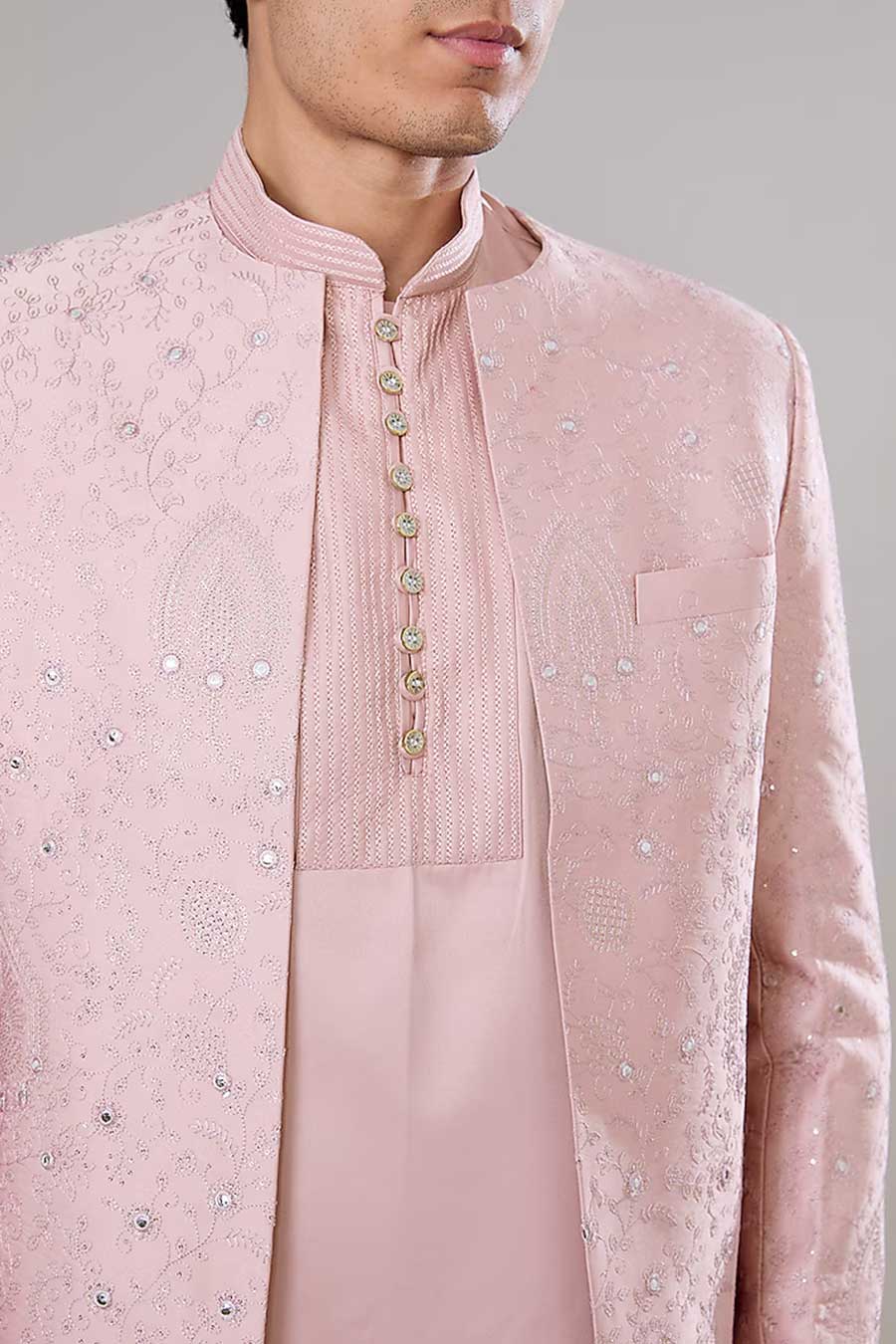 Rose Pink Short Kurta Set With Embroidered Jacket