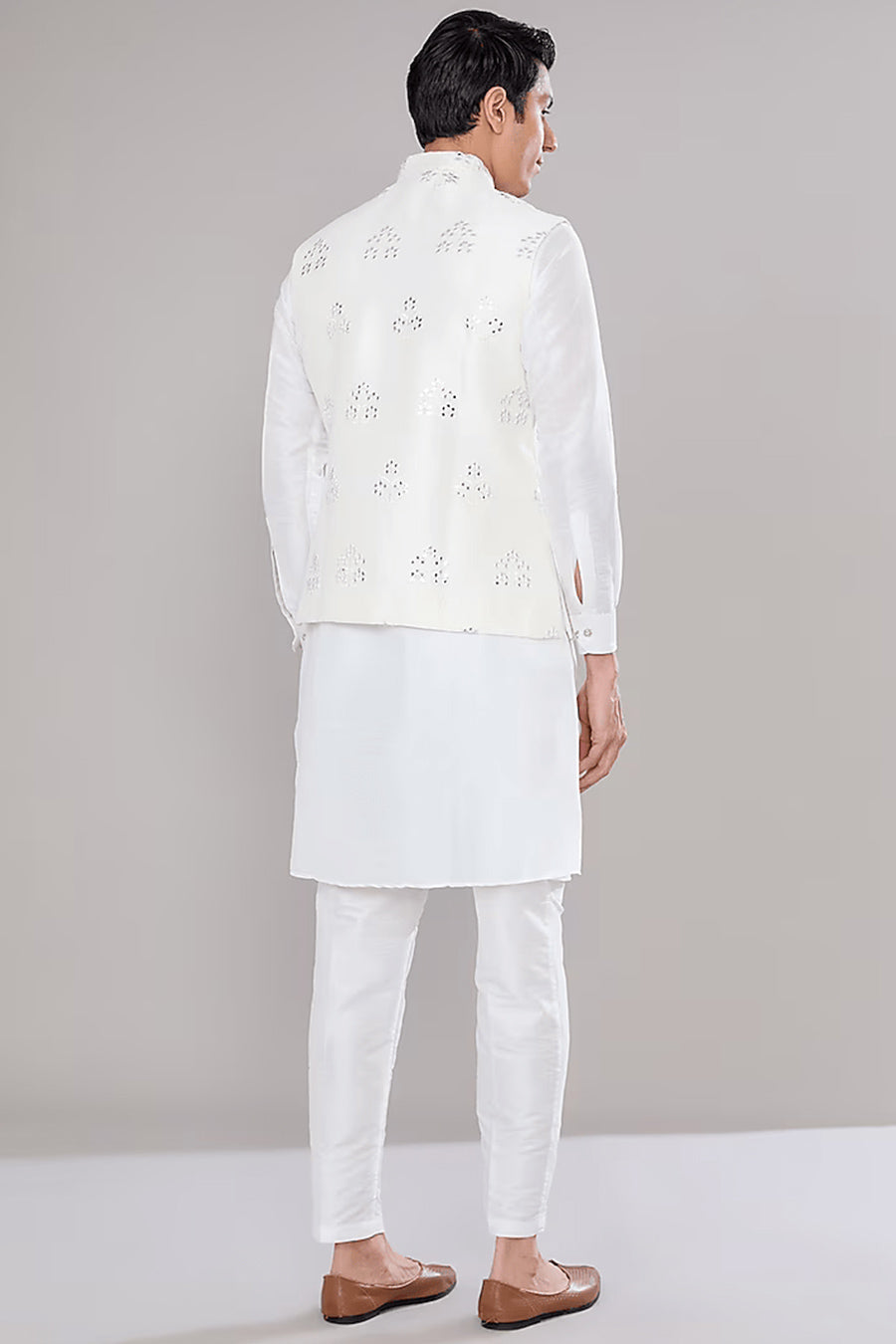 Off-White Kurta Set With Mirror Embroidered Jacket