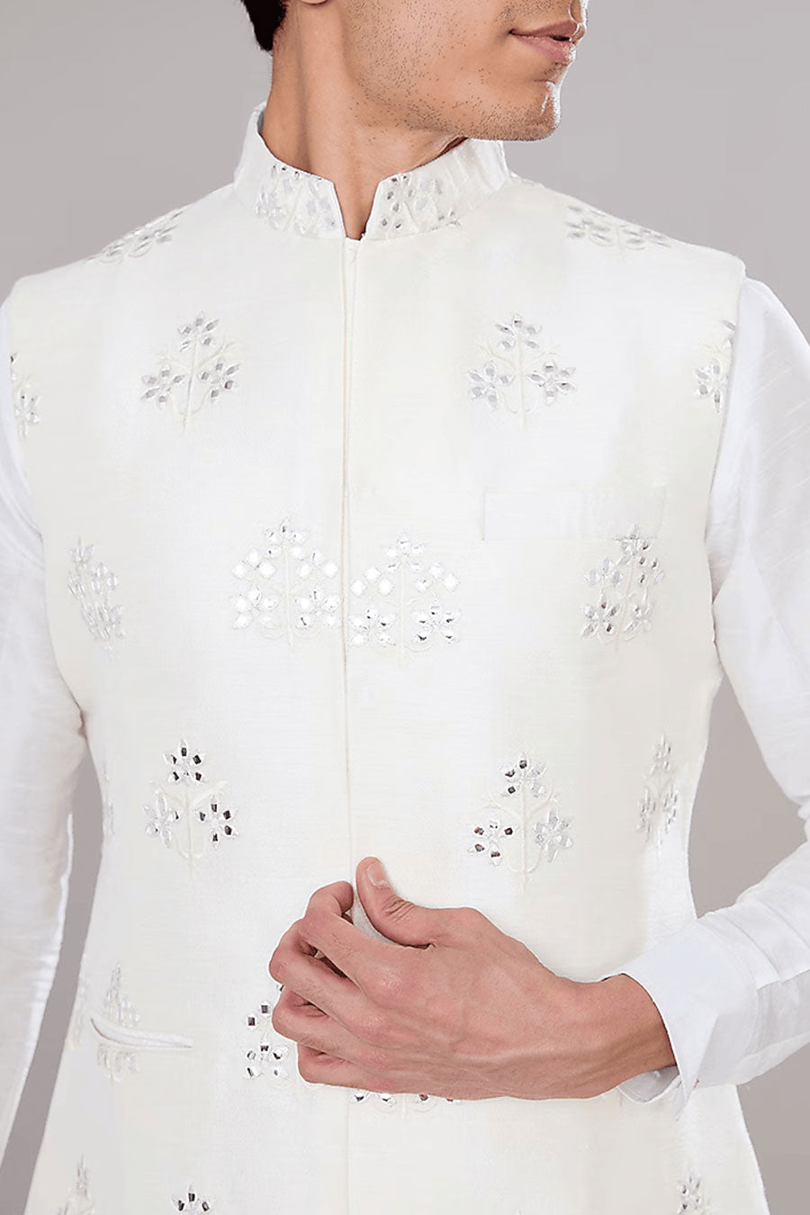 Off-White Kurta Set With Mirror Embroidered Jacket