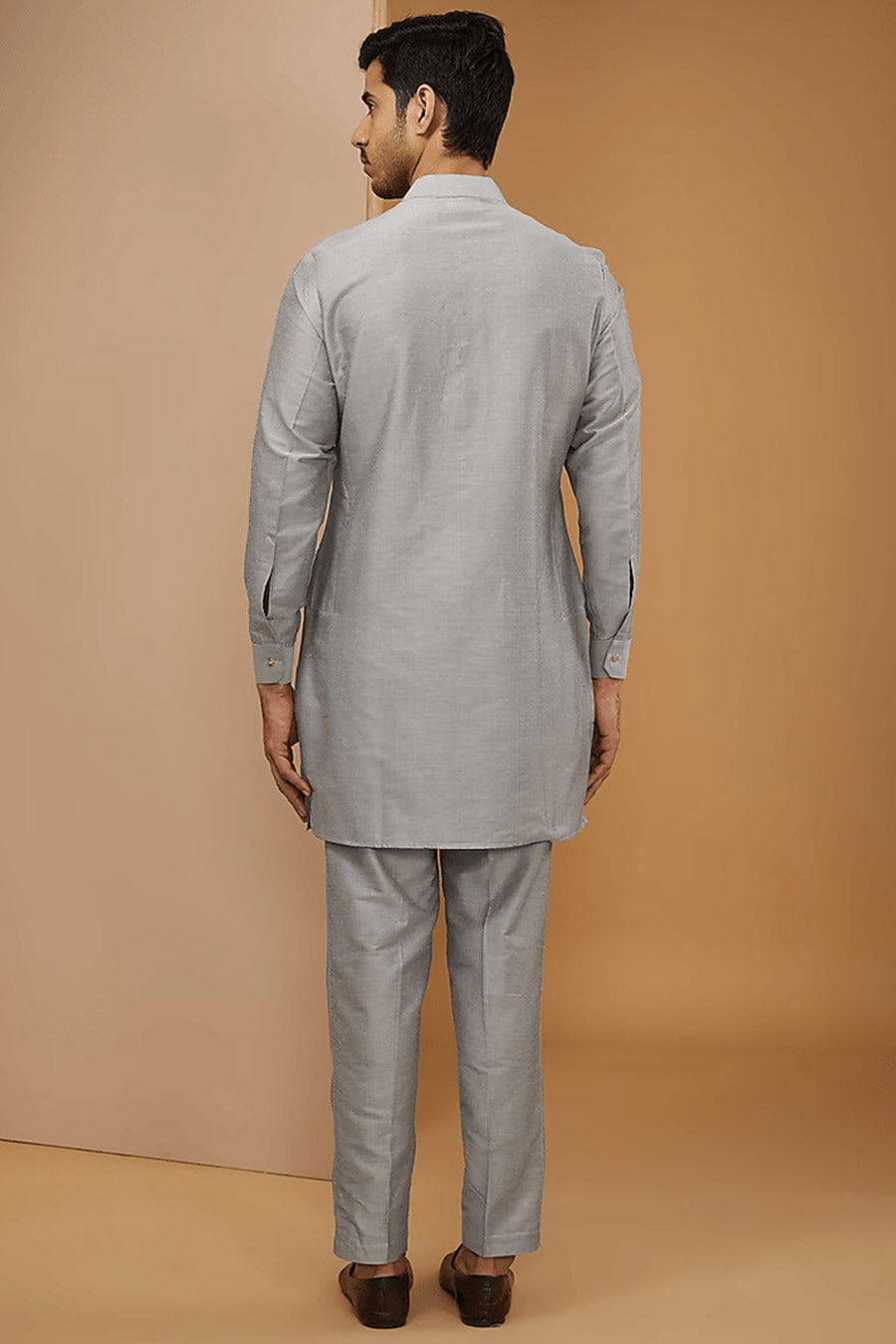 Royal Blue & Grey Kurta Set With Embroidered Jacket