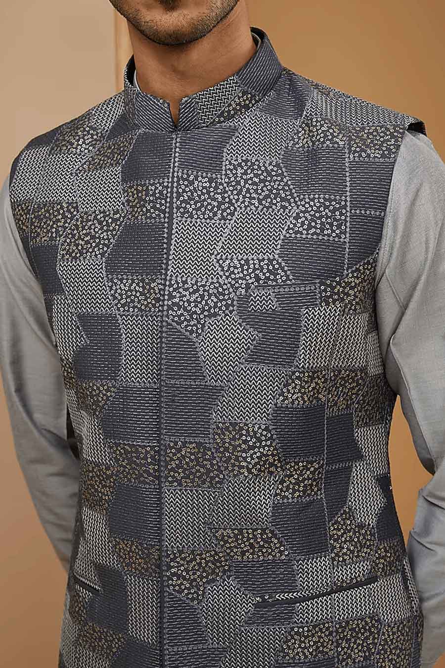 Royal Blue & Grey Kurta Set With Embroidered Jacket