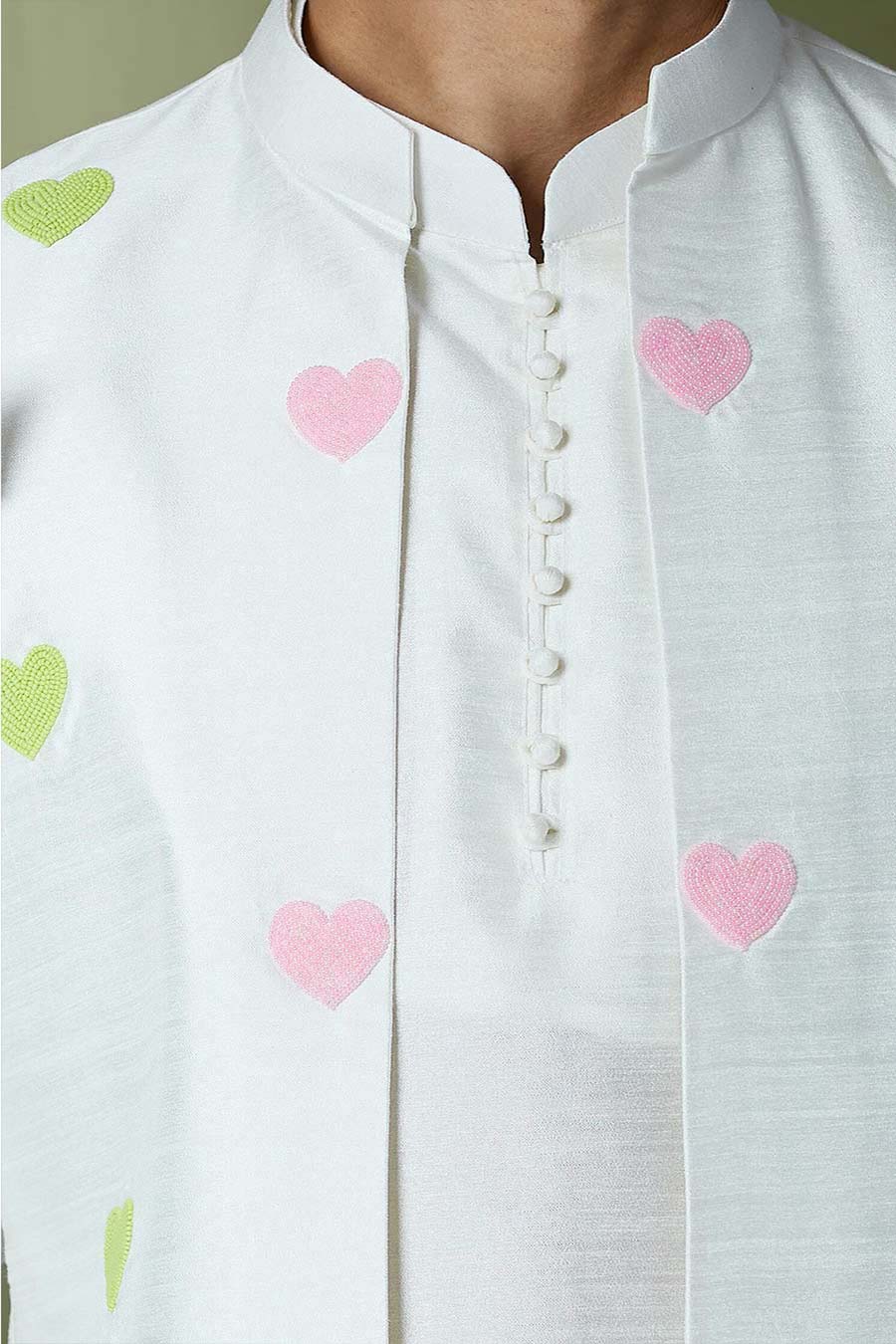 Off-White Kurta Set With Heart Embroidered Jacket