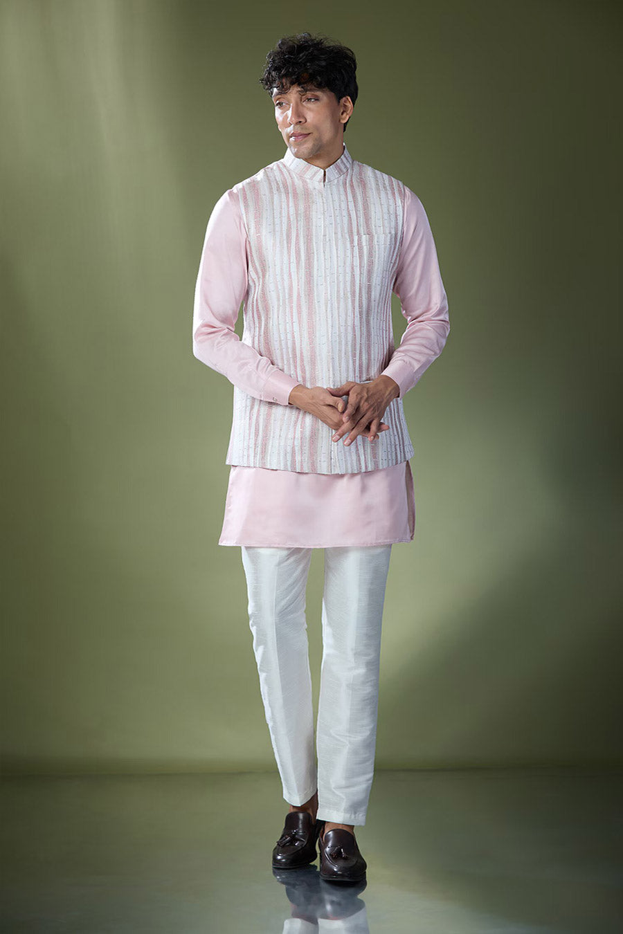Powder Pink Kurta Set With Embroidered Jacket