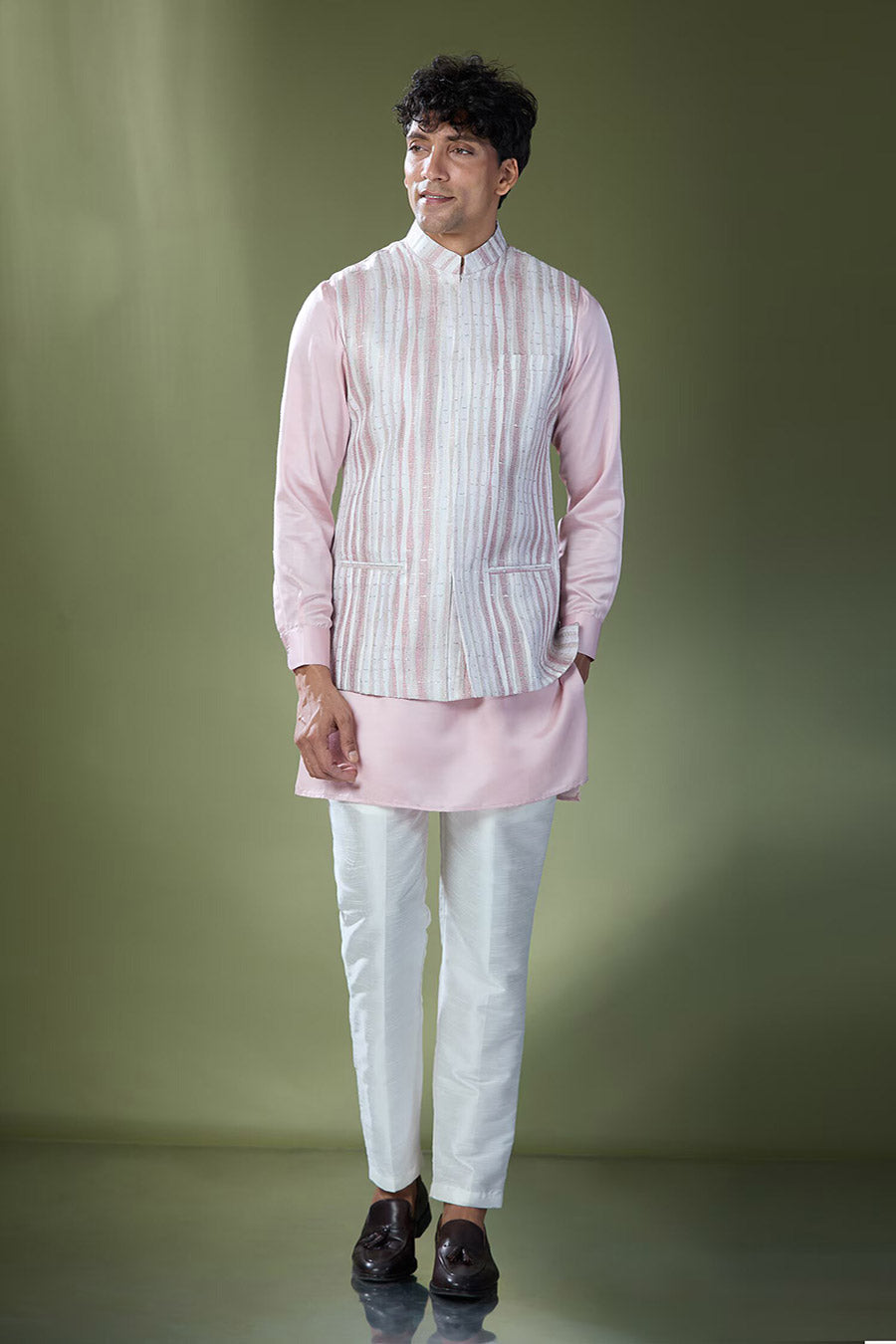 Powder Pink Kurta Set With Embroidered Jacket