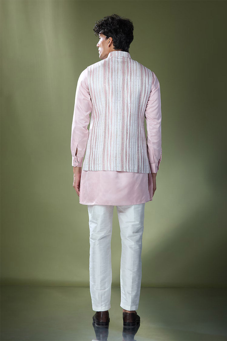 Powder Pink Kurta Set With Embroidered Jacket