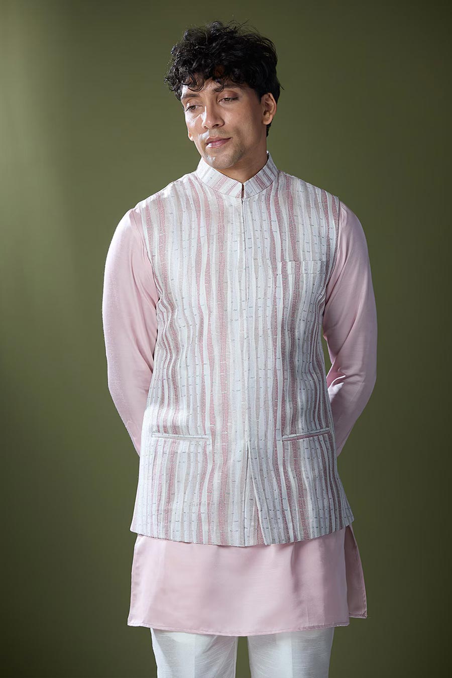 Powder Pink Kurta Set With Embroidered Jacket
