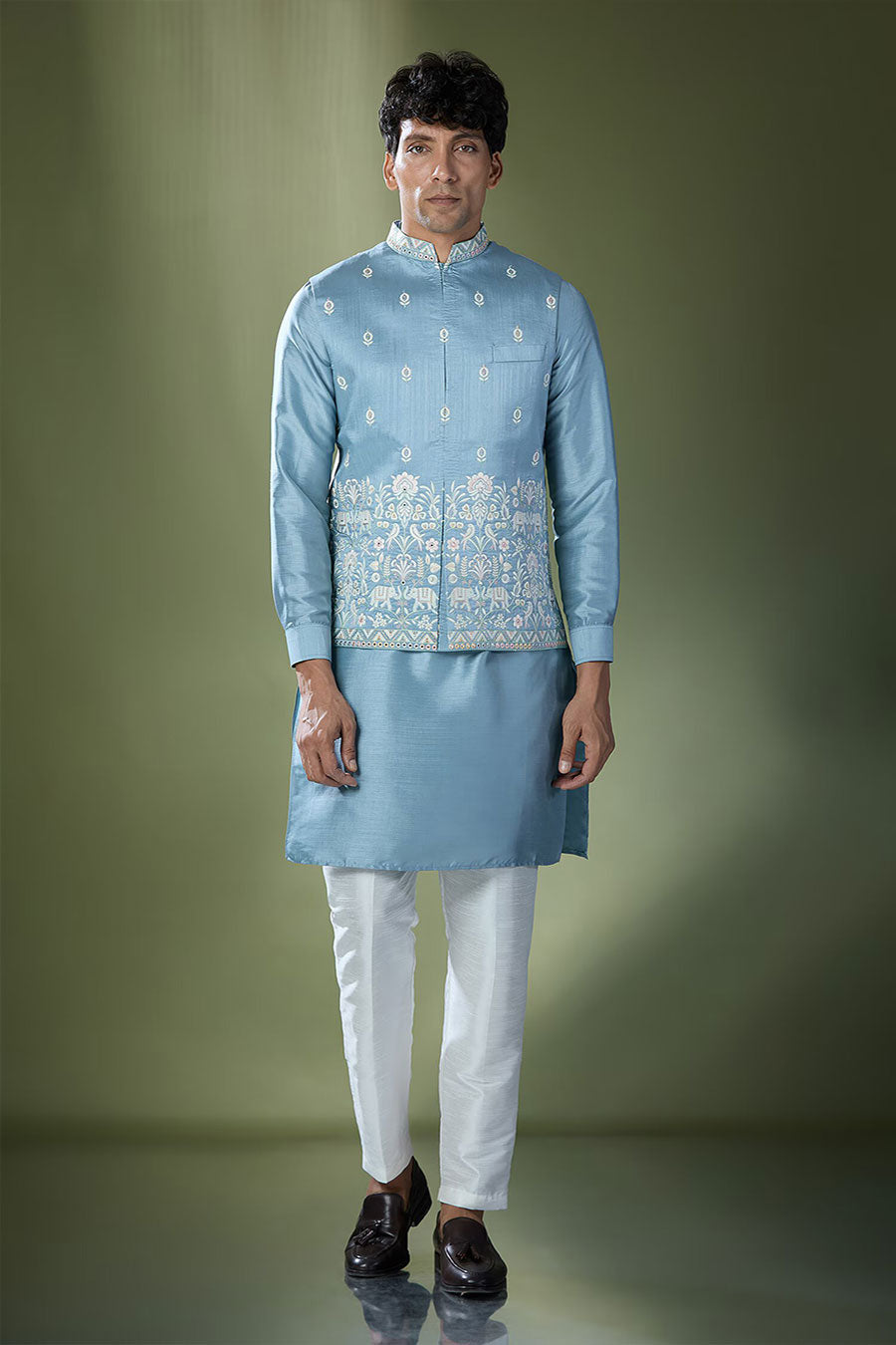 Blue Kurta Set With Thread Embroidered Jacket