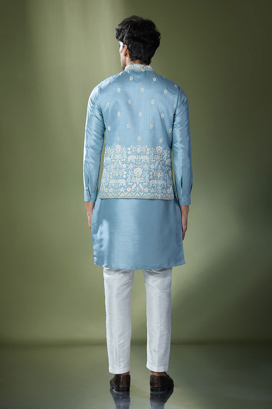 Blue Kurta Set With Thread Embroidered Jacket