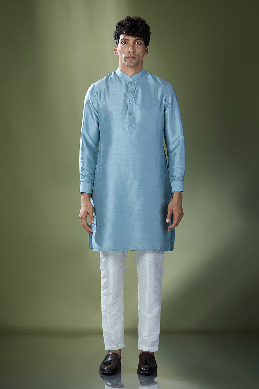 Blue Kurta Set With Thread Embroidered Jacket