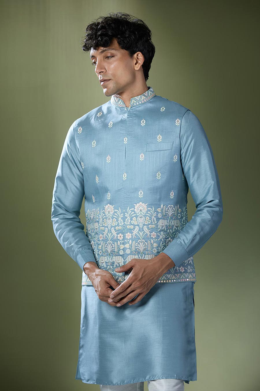 Blue Kurta Set With Thread Embroidered Jacket