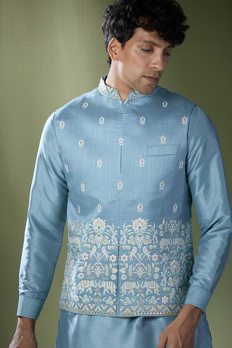 Blue Kurta Set With Thread Embroidered Jacket