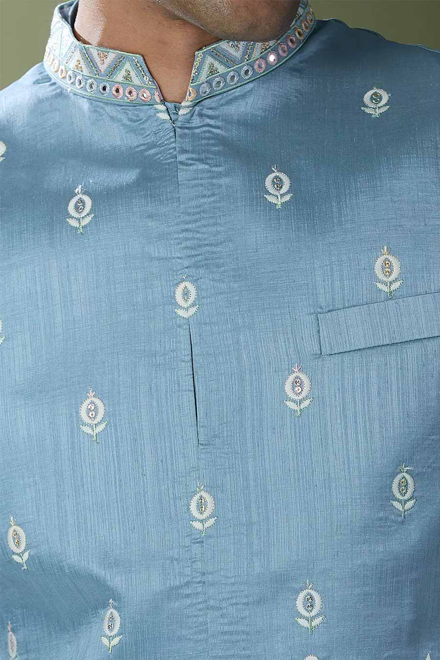 Blue Kurta Set With Thread Embroidered Jacket