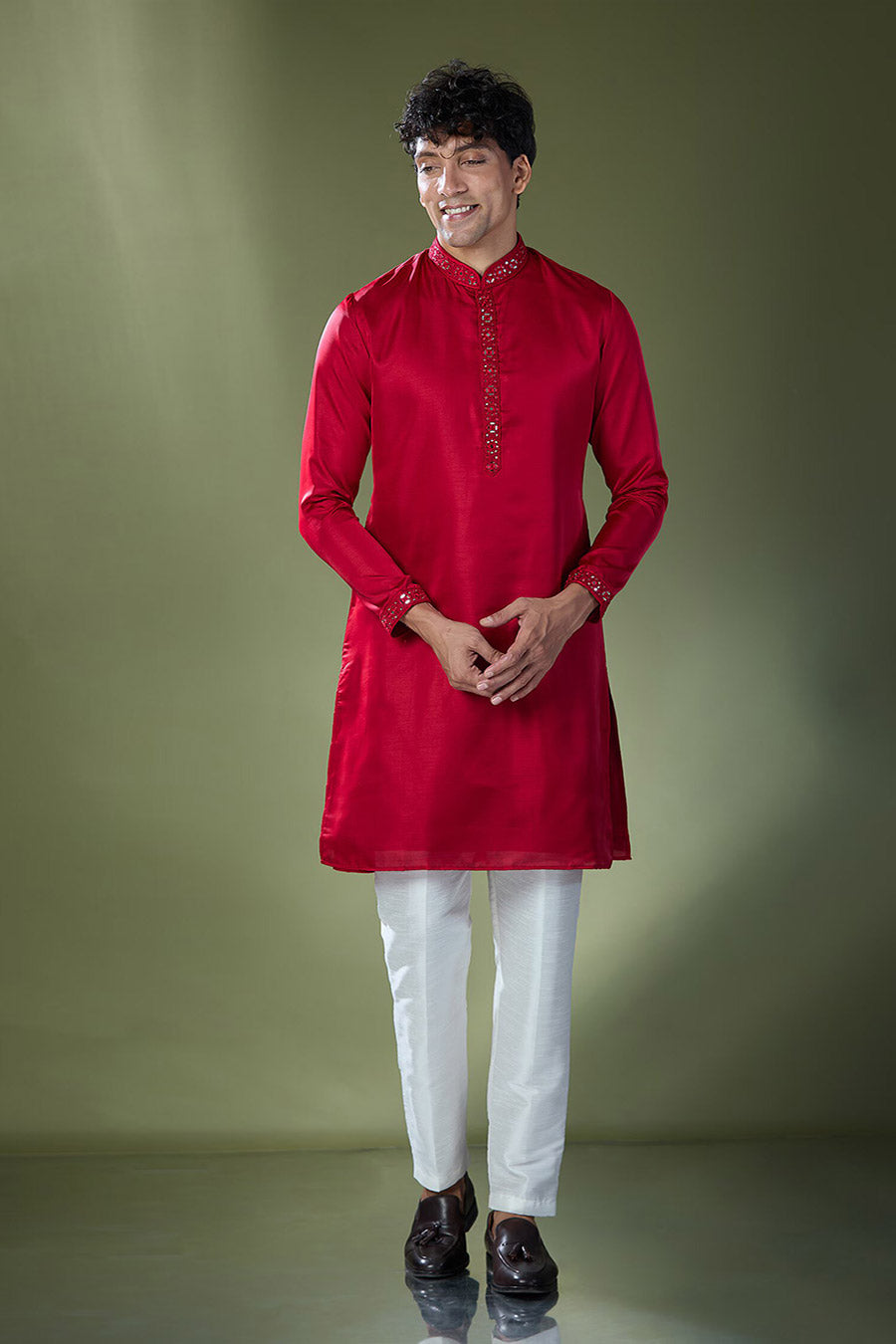Cherry Red Mirror Embroidered Kurta Set