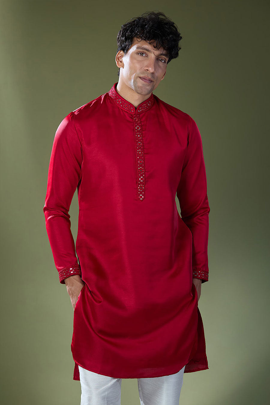 Cherry Red Mirror Embroidered Kurta Set