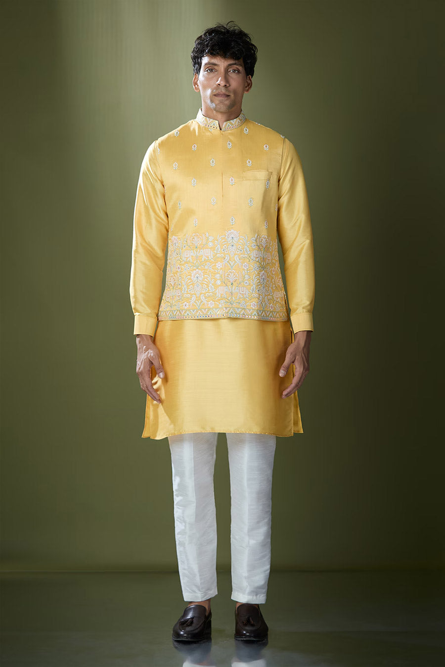 Yellow Kurta Set With Thread Embroidered Jacket