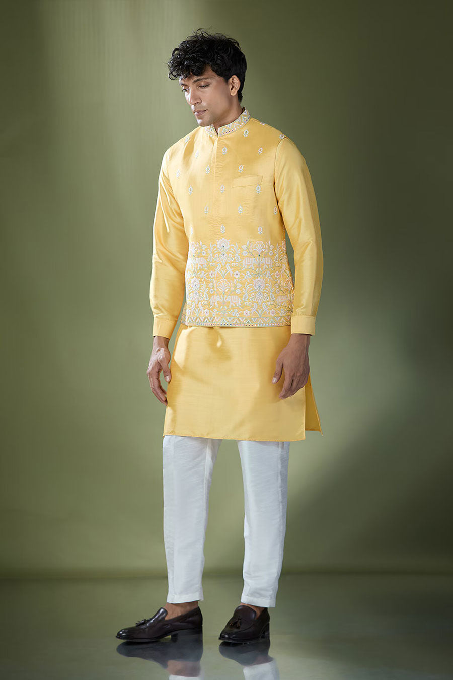 Yellow Kurta Set With Thread Embroidered Jacket
