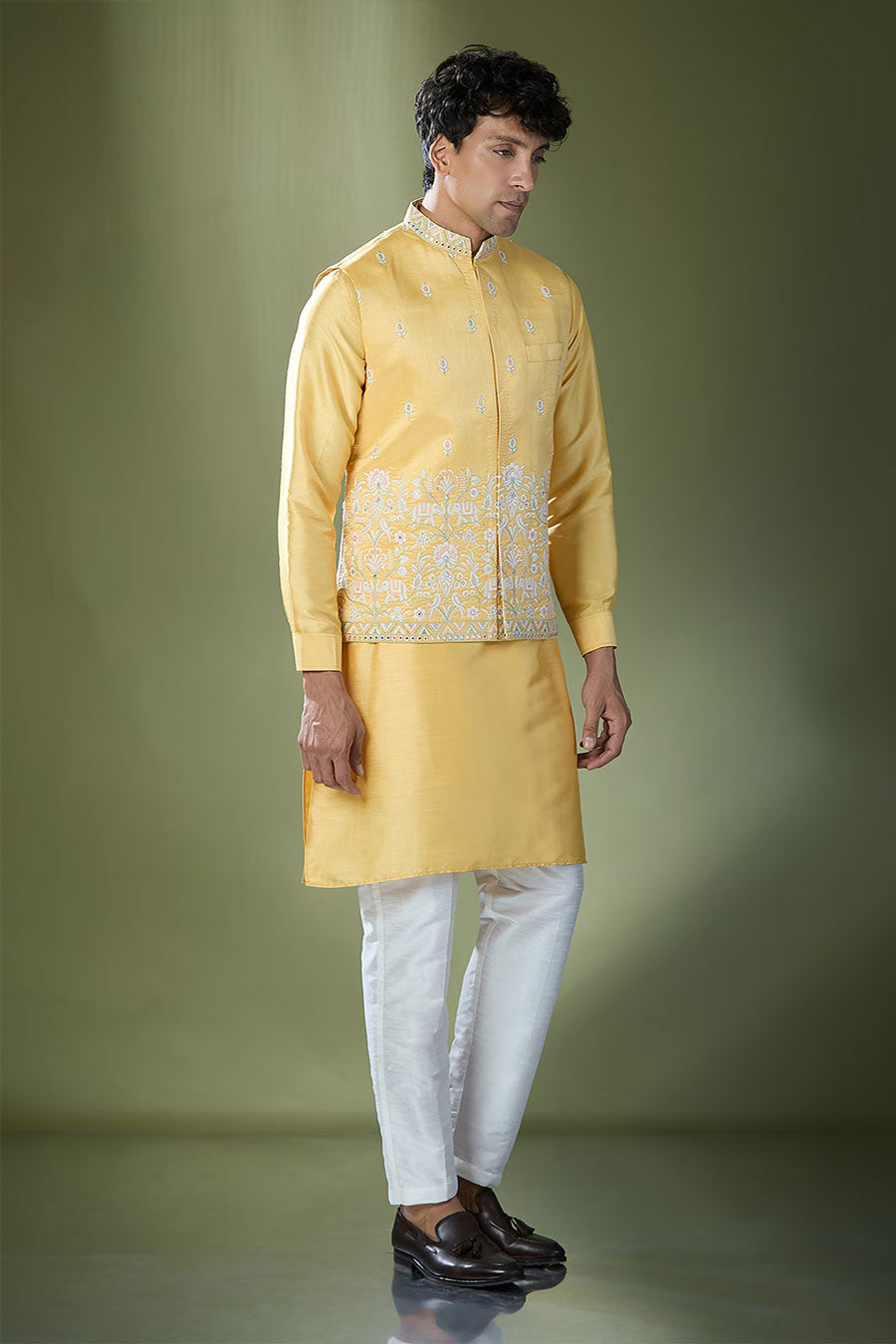 Yellow Kurta Set With Thread Embroidered Jacket