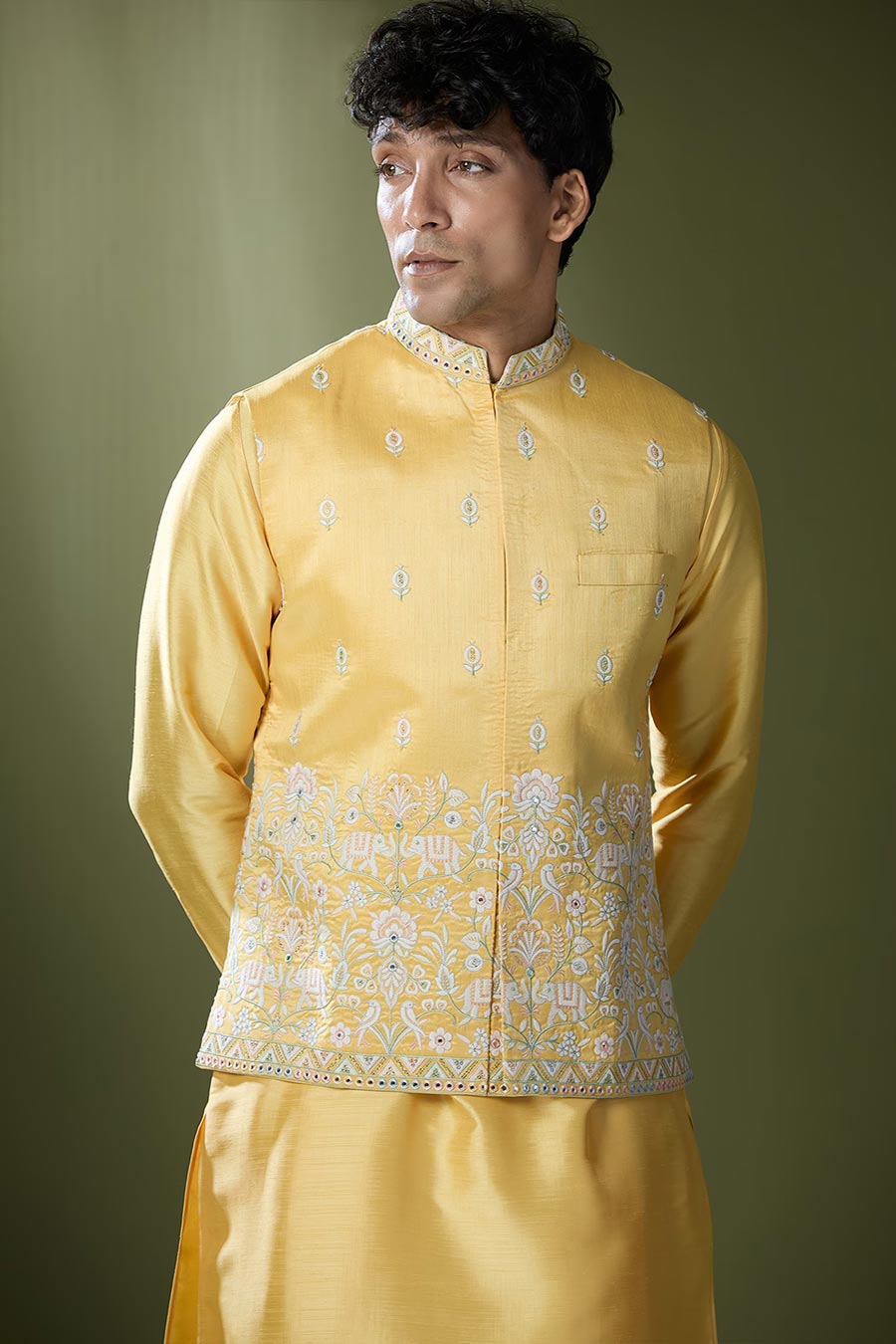 Yellow Kurta Set With Thread Embroidered Jacket