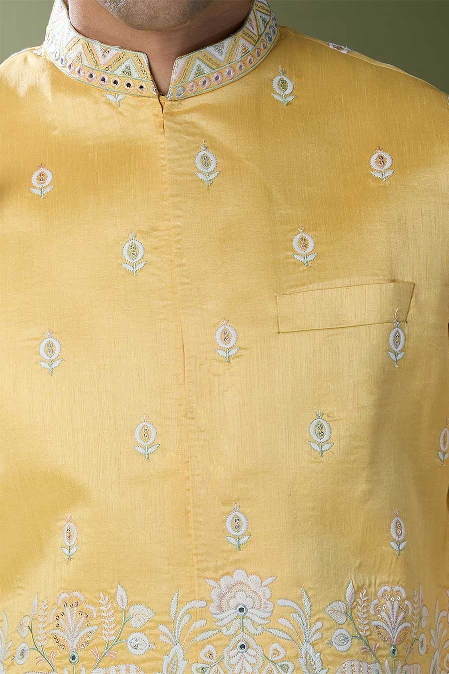 Yellow Kurta Set With Thread Embroidered Jacket