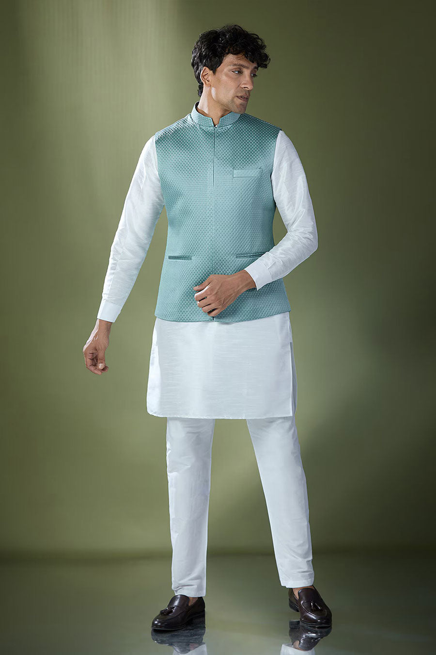 Teal Blue Quilted Jacket With Off-White Kurta Set