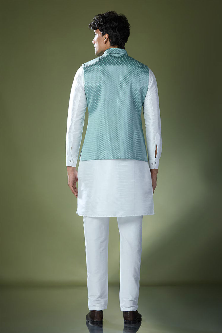 Teal Blue Quilted Jacket With Off-White Kurta Set