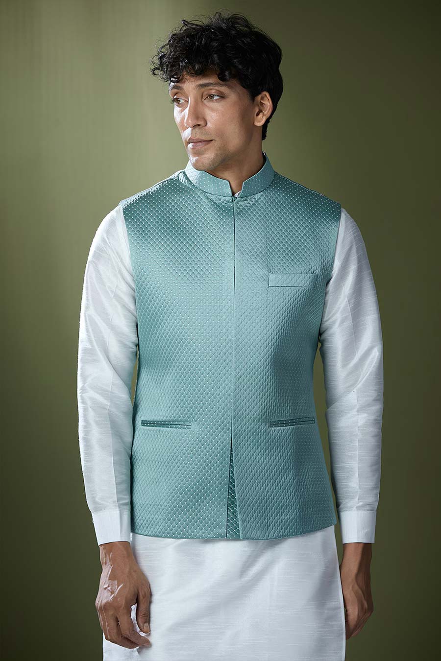 Teal Blue Quilted Jacket With Off-White Kurta Set