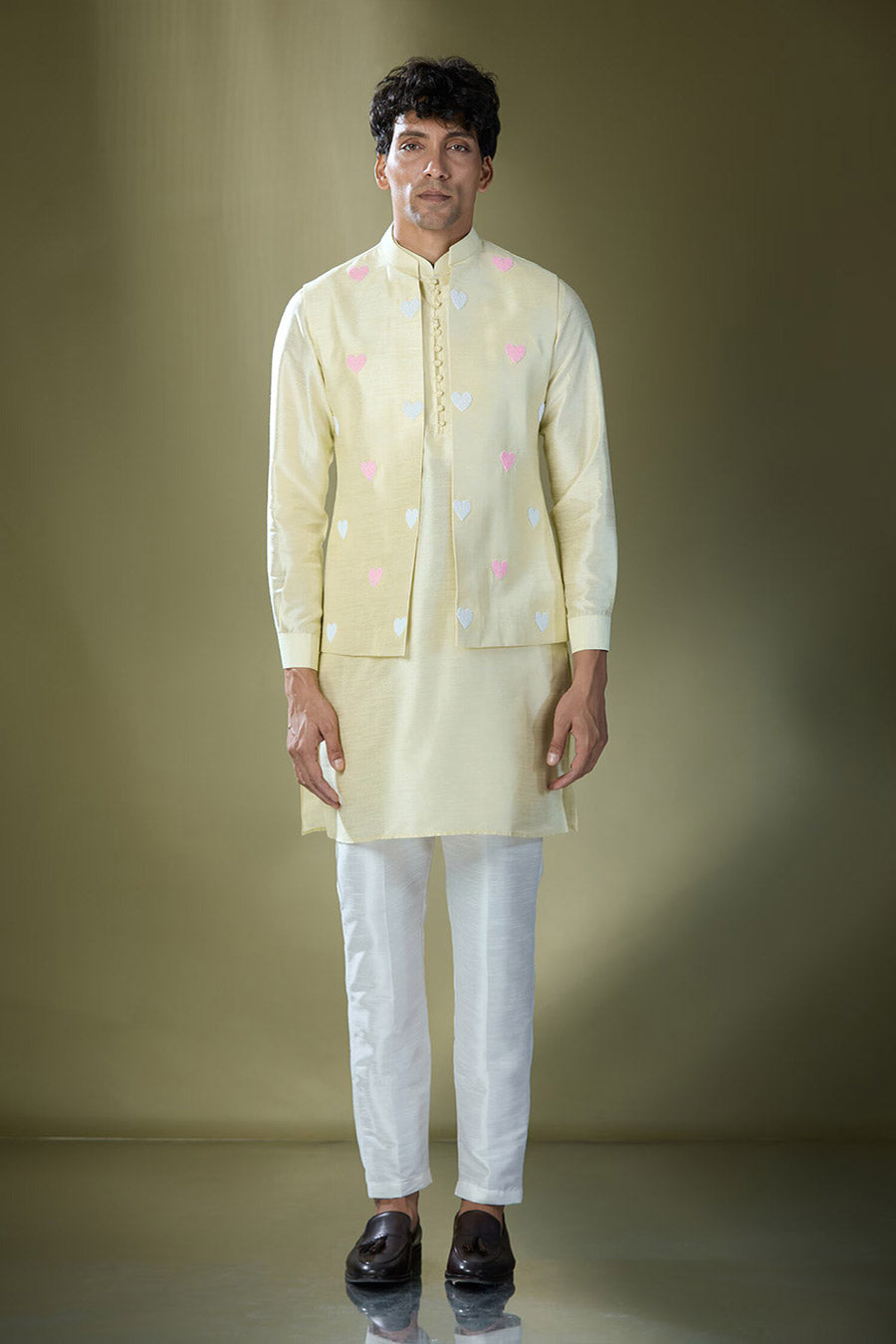 Parrot Green Kurta Set With Heart Embroidered Jacket