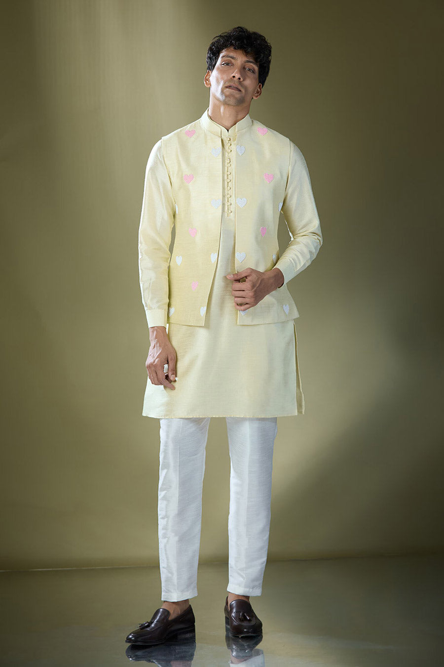 Parrot Green Kurta Set With Heart Embroidered Jacket