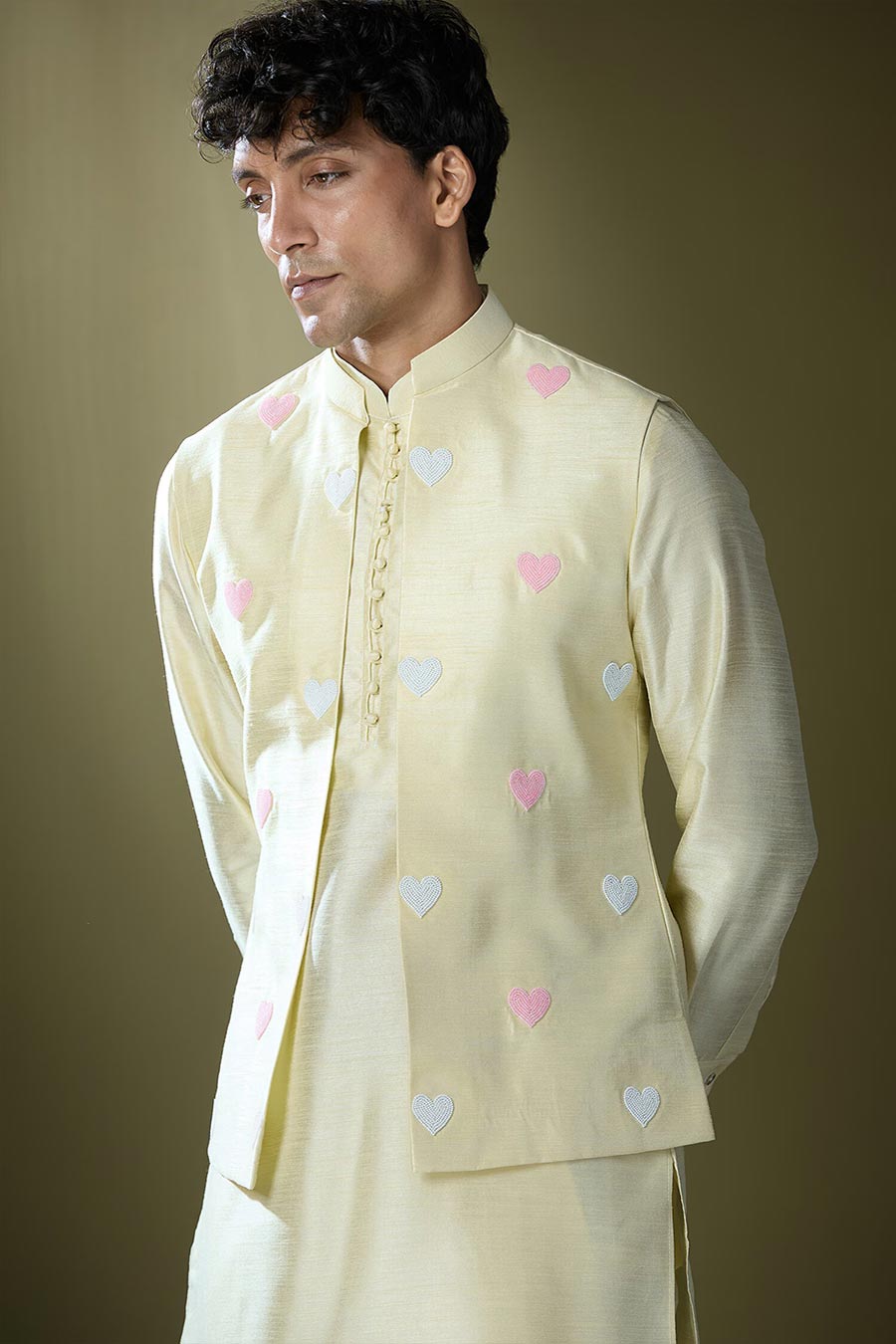 Parrot Green Kurta Set With Heart Embroidered Jacket