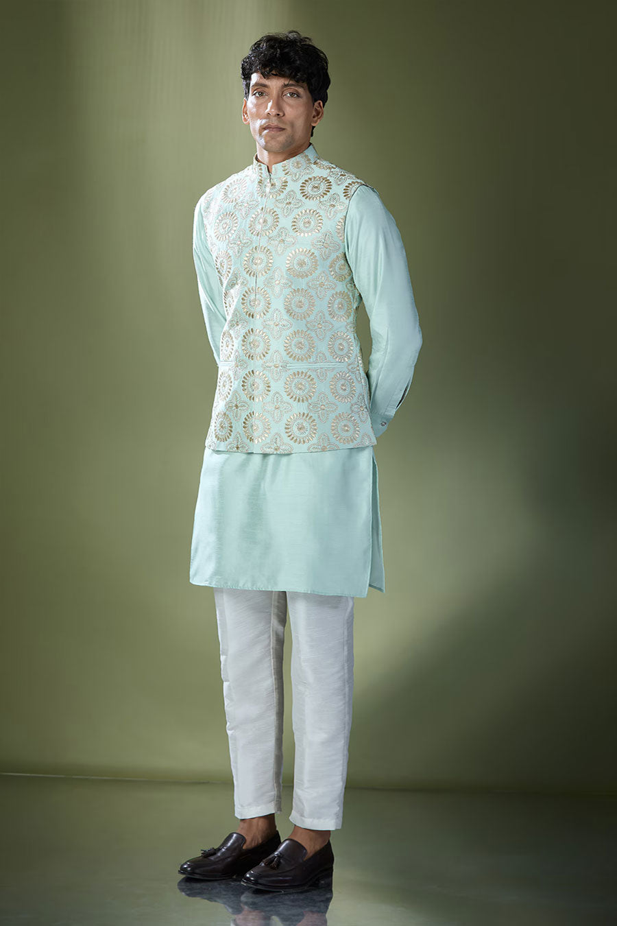 Sea Green Kurta Set With Gota Embroidered Jacket