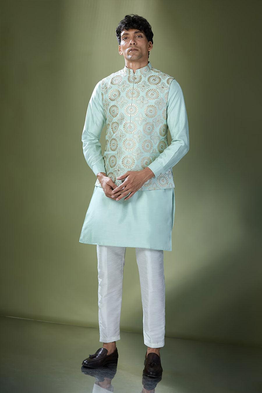 Sea Green Kurta Set With Gota Embroidered Jacket