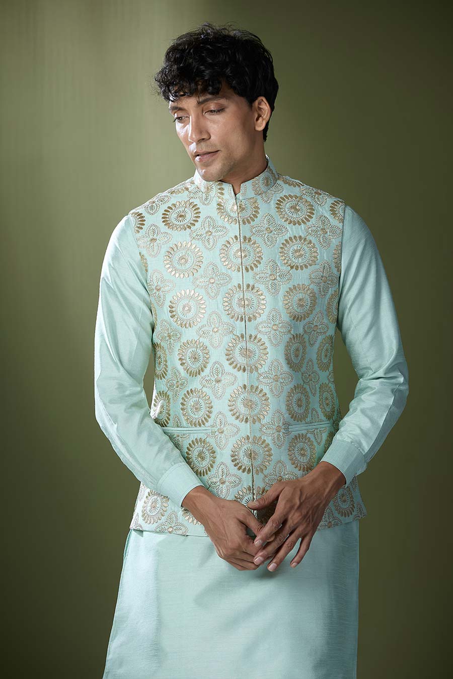 Sea Green Kurta Set With Gota Embroidered Jacket