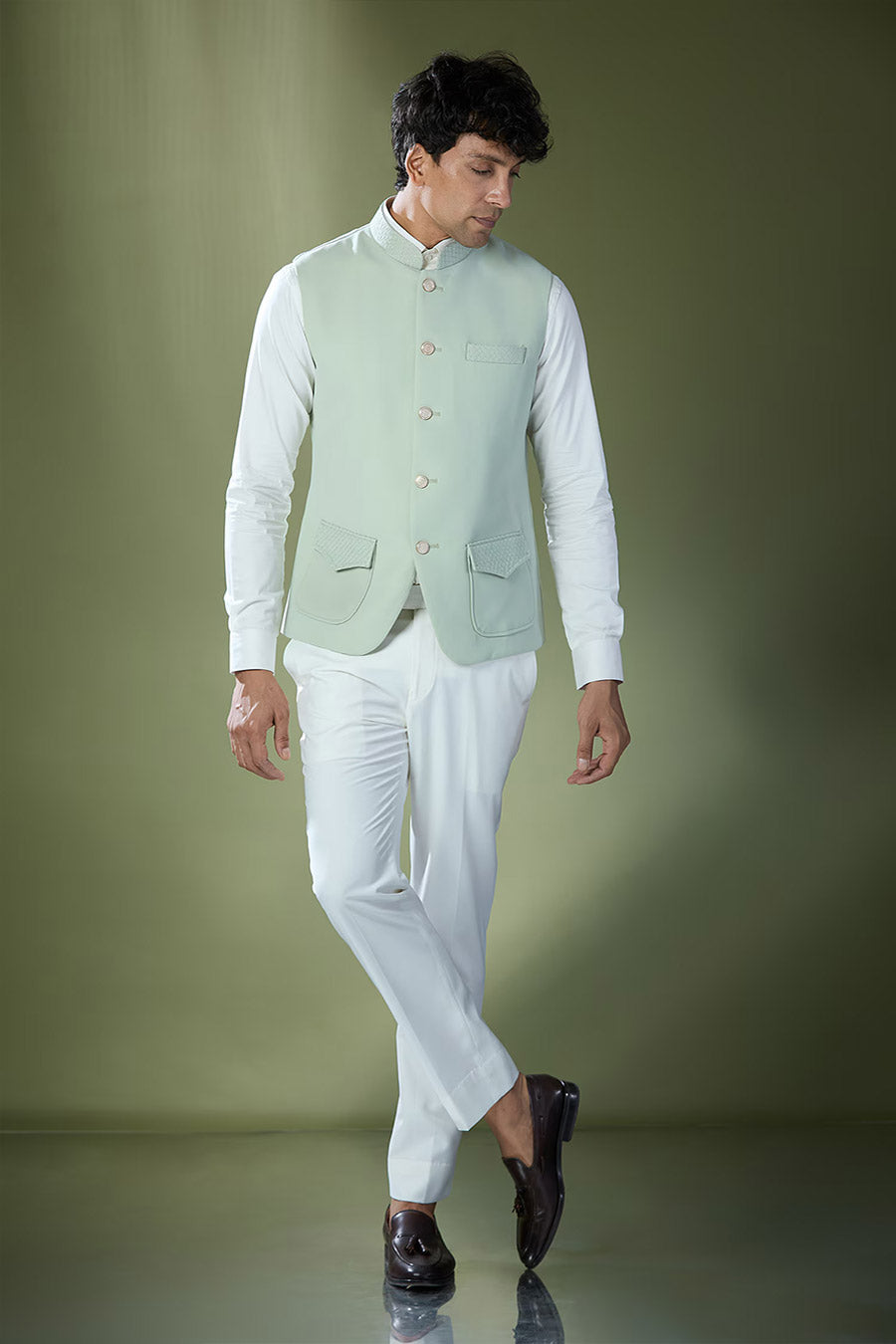 Pista Green Jacket With Off-White Shirt & Pant Set