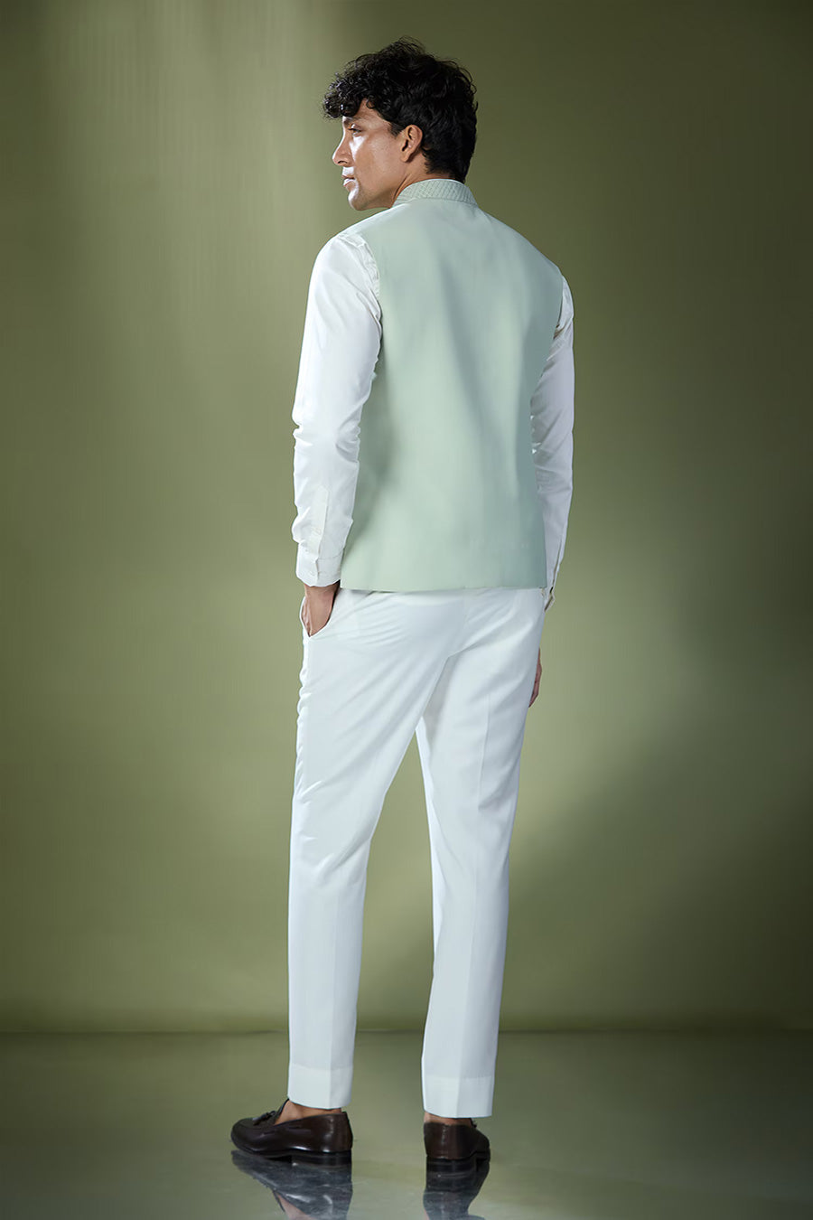 Pista Green Jacket With Off-White Shirt & Pant Set