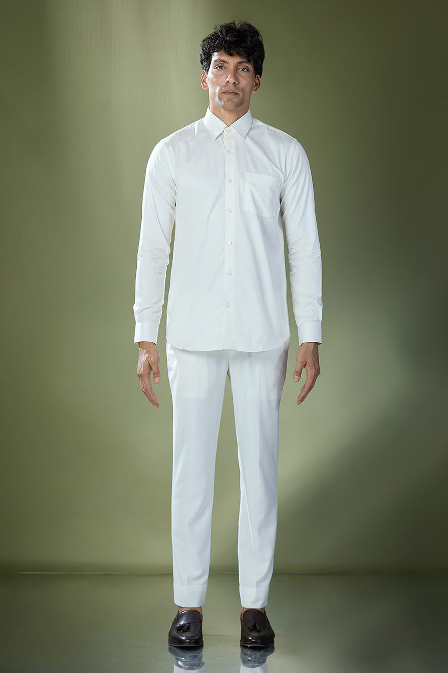 Pista Green Jacket With Off-White Shirt & Pant Set