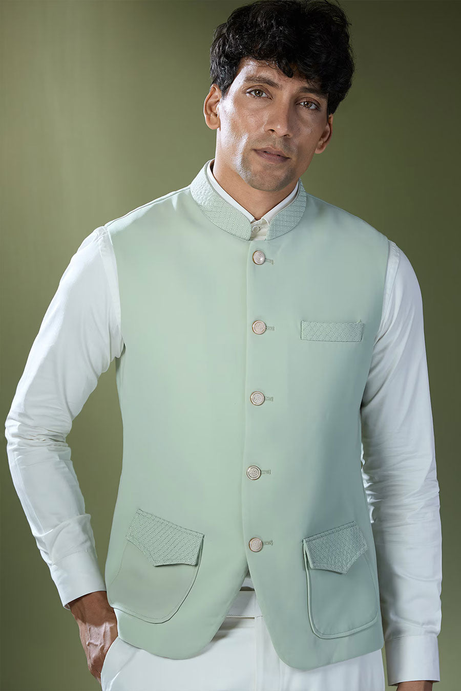Pista Green Jacket With Off-White Shirt & Pant Set