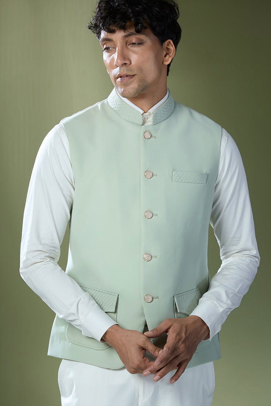Pista Green Jacket With Off-White Shirt & Pant Set