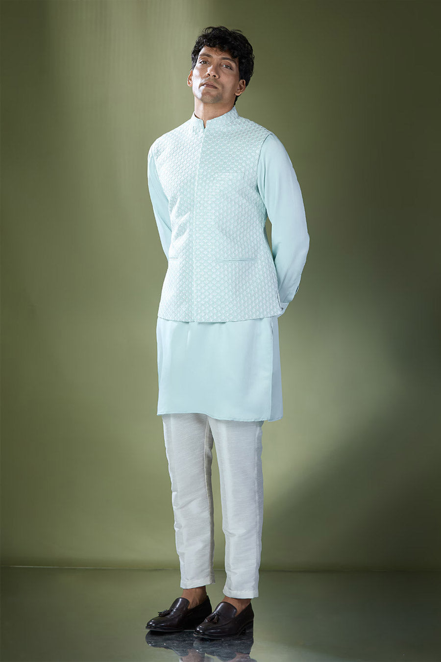 Aqua Blue Kurta Set With Embroidered Jacket