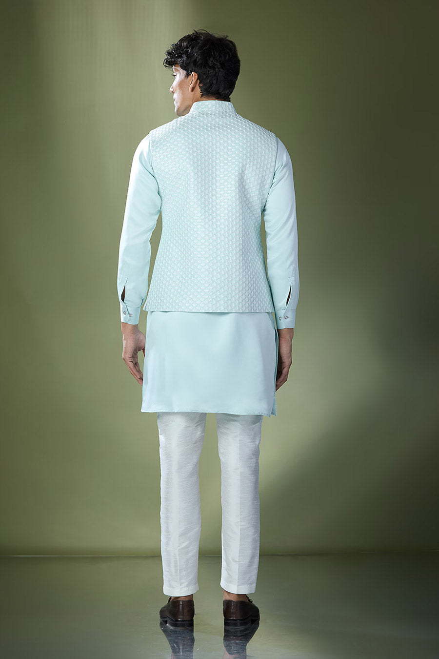 Aqua Blue Kurta Set With Embroidered Jacket
